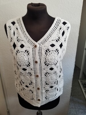 ITALY Strickjacke Bolero Weste Lochmuster Häckel weiss Grös 34,36,38,kl.40 J2 