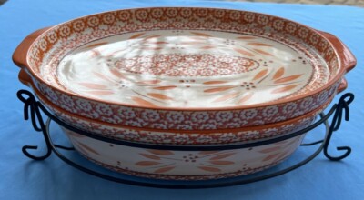 3pc Temptations Old World Orange 3 qt Oval Baking Dish w Platter/Lid, Basket NEW