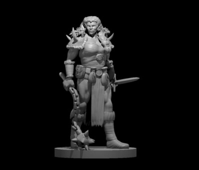 Half Orc Female Barbarian Flail and Sword 28mm Scale DND D&D Tabletop Miniature