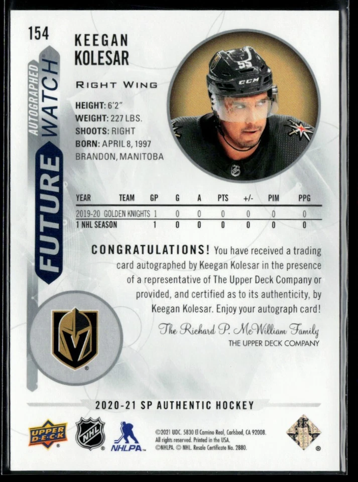 2020-21 SP Authentic Future Watch Autographs Keegan Kolesar RC 111/999 #154 - Image 2 of 2