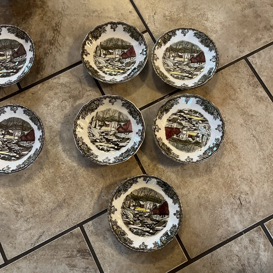 VINTAGE SET OF 9 Johnson  BROS FRIENDLY VILLAGE TEA CUPS & SAUCERS THE ICE HOUSE - Image 2 of 4