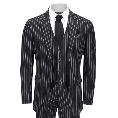 Mens 3 Piece Pin Stripe Suit Black White Retro 1920s Peaky
