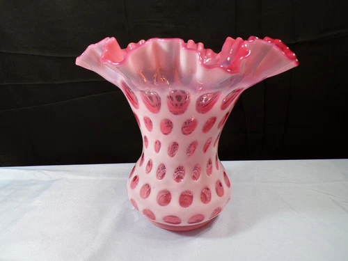 Large Fenton Cranberry Opalescent Glass Coin Dot Double Crimped Vase 8 1/8" Tall