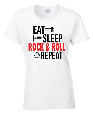 Rock And Roll Damen T-Shirt Eat Sleep Rock & Roll Repeat Geschenk Geburtstag