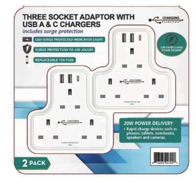 Charging Essentials 3-Wege Stecker Verlängerung Wand Buchse Netzteil Extender USB