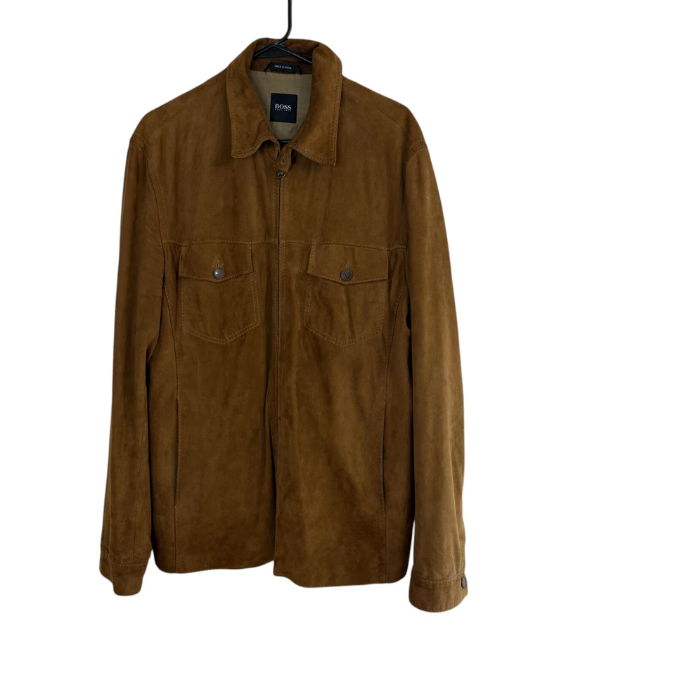 Hugo Boss Suede Men's Jacket Size 44R, XL Brown 100%  Goatskin EUC - Image 3 of 4