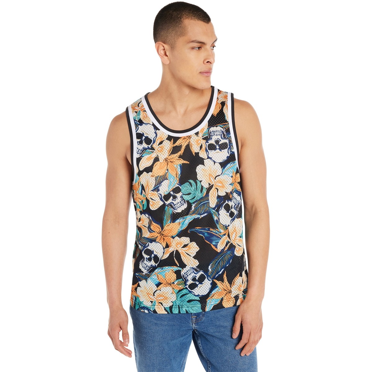 Mens Shirt Skulls and Hawaiian Flowers Jersey Tank Top Basketball