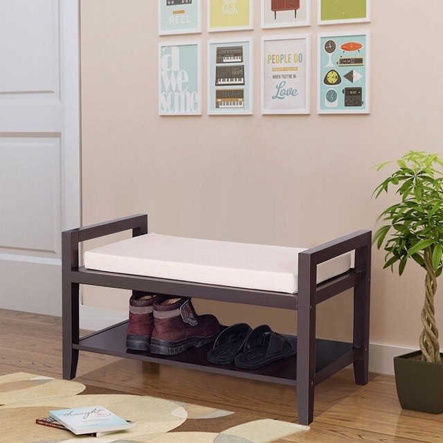 Entryway Bench Hallway Wood Shoe Storage Rack Ottoman Cushion Seat