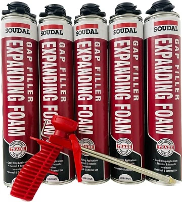 5x TRADE SOUDAL GAP FILLER GUN GRADE EXPANDING FOAM PU FOAM 750ML + FREE GUN