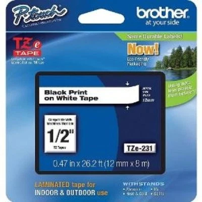 Brother TZe-231 P Touch Schriftband - 12 mm Schwarz auf Weiß Laminiertes Klebeband TZ-231