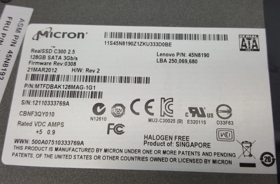 Micron RealSSD C300 2.5 128GB SATA 3Gb/s MTFDBAK128MAG-1G1 Solid State Drive - Image 2 of 3