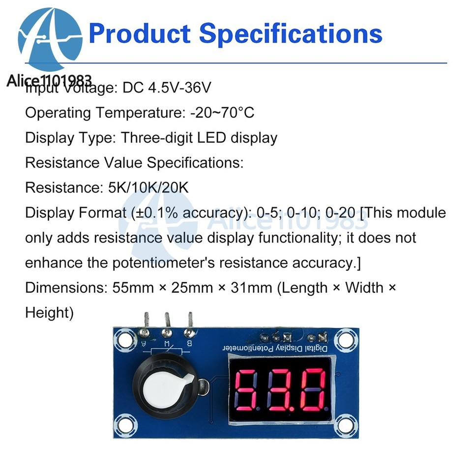 5K/10K/20K Potentiometer Module 1CH LED Digital Tube Display Adjustable ...