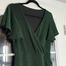 Fzzor Women’s Sparkly Ruched Bodycon Ruffle Sleeve Green Mini Wrap Dress Size XL