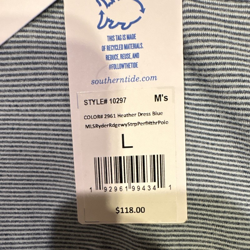 Southern Tide Men’s Long Sleeve Striped Polo Shirt Blue L Style #10297