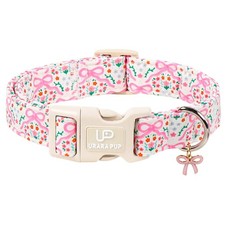 Cute Floral Cotton Dog Collar with Pink Bow Charm, Soft Adjustable Puppy Coll...