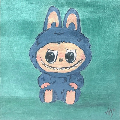 Labubu Original Oil Painting Miniature Canvas Naive Art Toy Signed Size 4x4