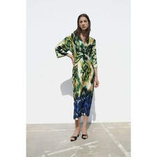 Zara Midi Dress XL Twist Front Ikat Print Morocco Kimono Sleeves Green Blue NWT