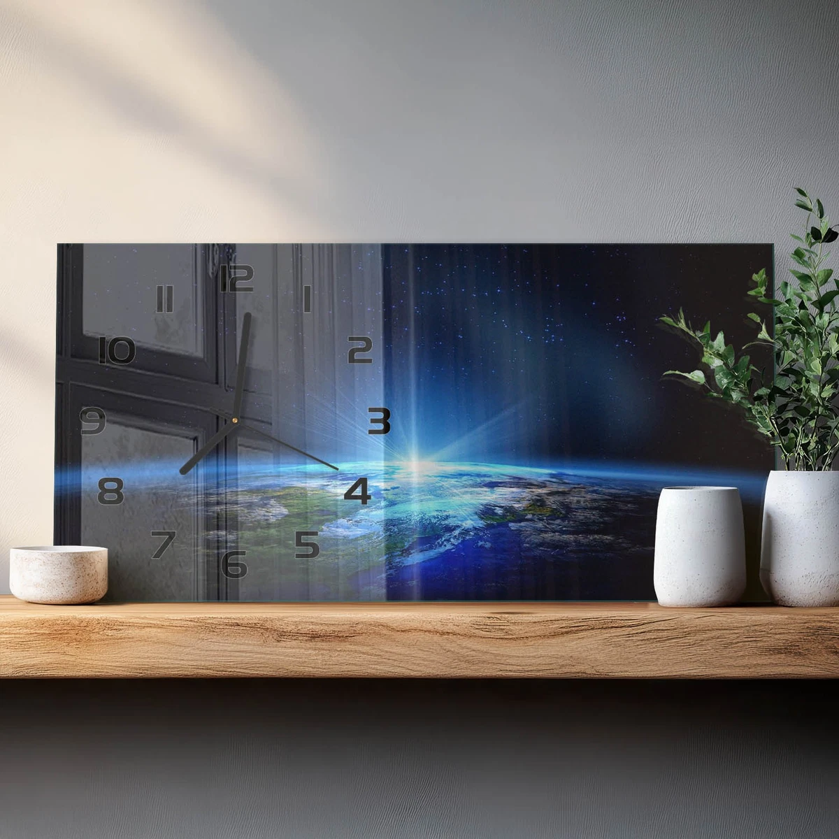 Reloj de Pared Rectangular de Vidrio Templado Decorativo Planeta Tierra 60x30 cm