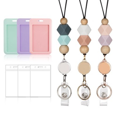 Hexagon Retractable Lanyard ID Badge Holder Breakaway Silicone Beaded 3 PCS