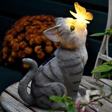 Cat Garden Figurines Outdoor Decor Solar Statue with LED Lights for Patio Lawn Y