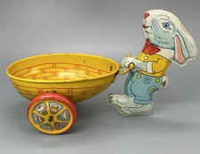 Vtg J Chein Tin Litho Easter Bunny Rabbit w/ Blue Pants pushing Egg Basket Cart