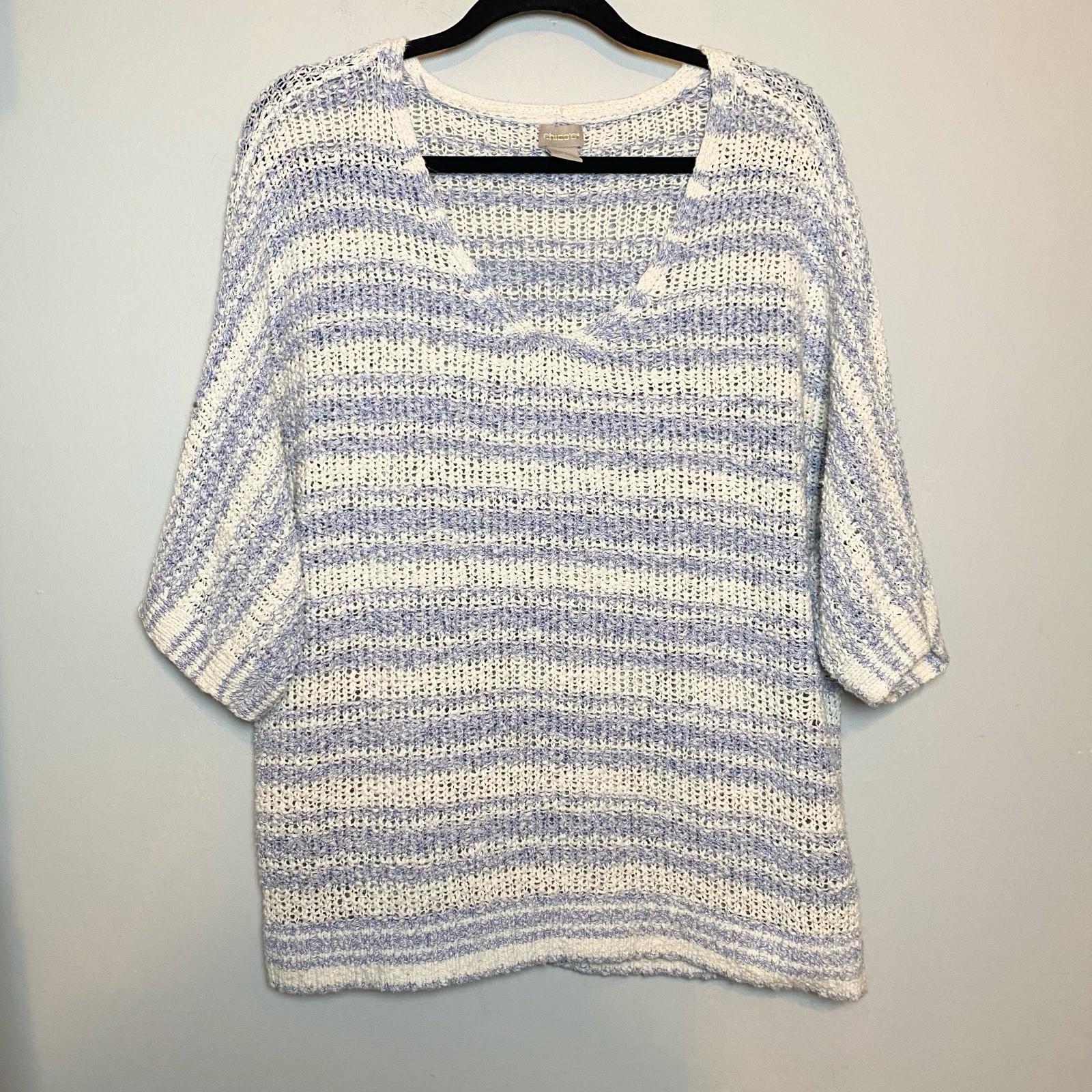 Chico's Women’s Cotton Linen Open Knit 3/4 Dolman Sleeve Sweater Sz L