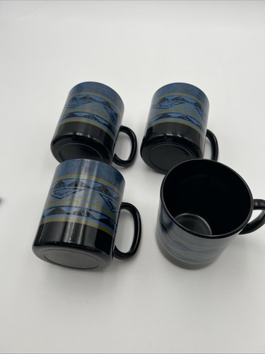 Arcoroc France Black Glass Coffee Mugs Cups Yucatan Blue Aztec 10 oz Set of 4 - Picture 3 of 4