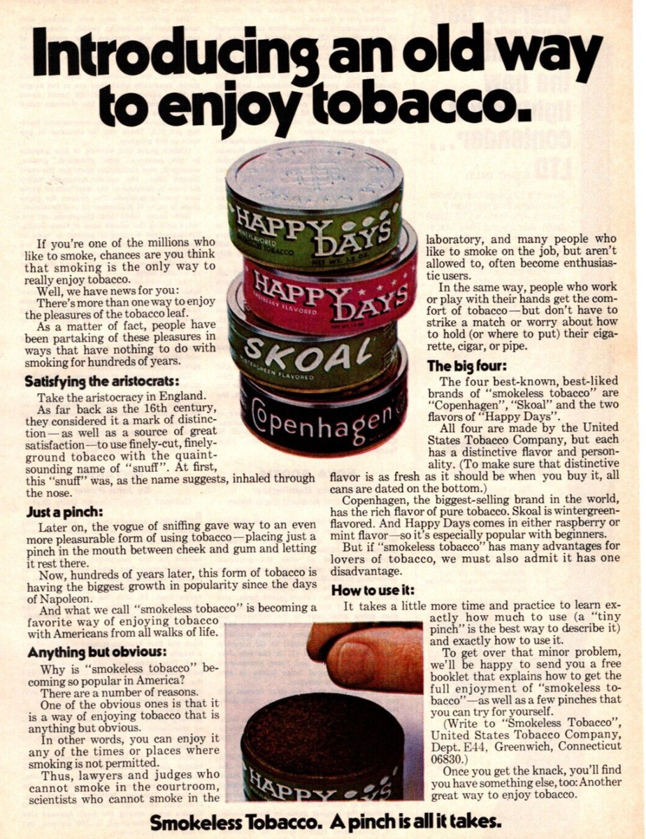 happy days chewing tobacco for sale 1978 Skoal Copenhagen Smokeless vintage print Ad Available Natural BlunT Happy Days