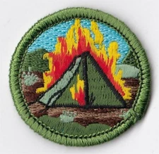 MERIT BADGE - SPOOF - TENT BURNING - 1-1/2" DIA. - PRIVATE ISSUE