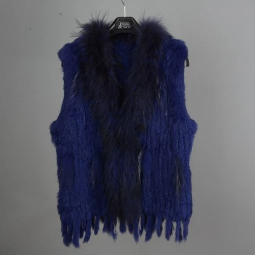 Fashion Lady Real Rabbit Classic Knitted Fur Vest Raccoon Collar Gilet Womens - Picture 13 of 39
