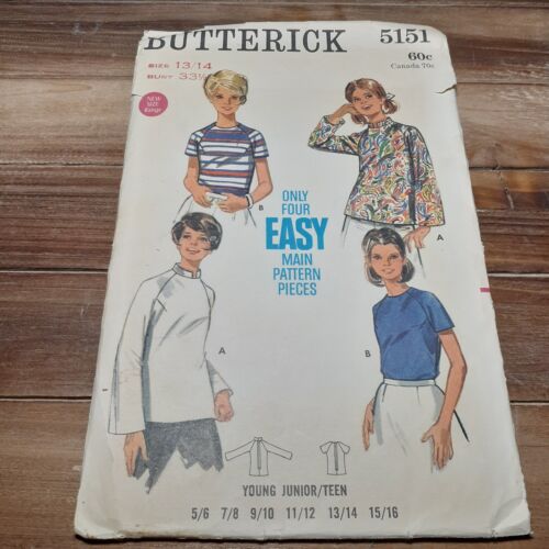 Vintage Butterick 5151 Bouse Nehru Mandarin Collar Raglan Sleeve Uncut 13/14