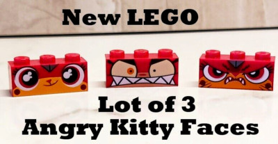 LEGO Angry Kitty Face Brick Lot of 3 Warrior Calm ANGRY Ballistic Cat Printed