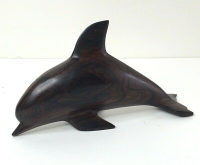 Wooden Carved Dolphin Statue Figurine Smooth Dark Wood Porpoise Wooden Art Decor
