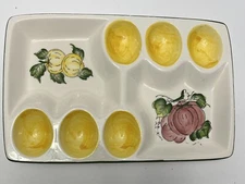 Vintage Porcelain Deviled Egg Dish Hand Painted Japan Onion Lemon Design (6 Egg)