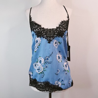 NWT Pinko Lace Trim Camisole Top Blue Floral Asymmetrical Size IT 38