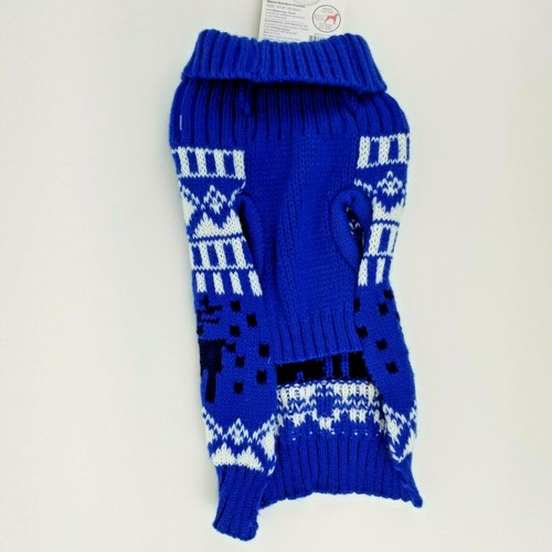 Puppy Dog Blue Christmas Winter Sweater XS Reindeer Fold Down Collar - Picture 2 of 3