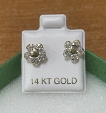 White Flower Stud Earrings 14K Solid Gold With Safety Backing