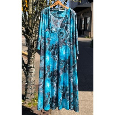Barbara Winters for GOSSARD Vintage Teal & Grey Floral Gown/Robe Set Sz. Medium 