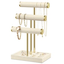 Bracelet Holder Jewelry Organizer Display - 3 Tier T Bar Velvet Stand, Beige ...