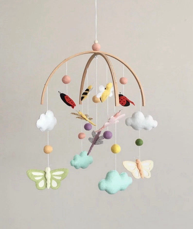 Handmade Butterfly Ladybug Baby Mobile-Nature Theme Crib Decor Gift With Clouds - Image 2 of 4