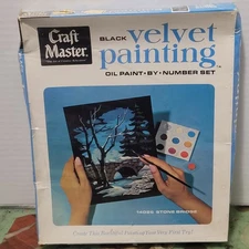 NOS Vtg 1960s Craft Master Black Velvet Paint by Number Set STONE BRIDGE Kitsch