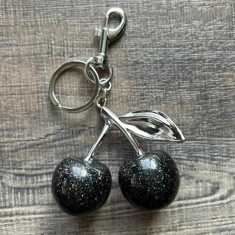 Cherry Bag Purse Charm Keychain Glitter Black Silver