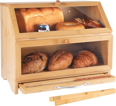 Double Layer Bboo Bread Box for Kitchen Counter, Cutting
