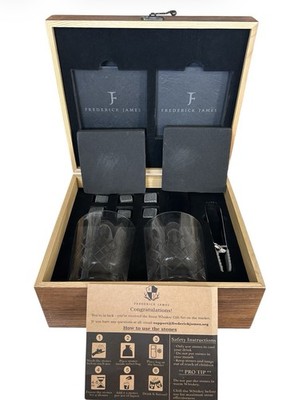 NEW Frederick James Whiskey Glass Set Husband Engraved Wood Box Photo Slots