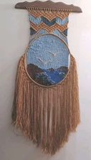 Vintage  Macrame Woven Seagul Boho Mid Century Tapestry Wall Hanging 56" Beach 