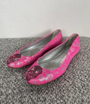 Giuseppe Zanotti Hot Pink Lace Leather Crystal Skull Flats Pumps UK 4,5 EU 37,5