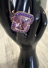 Faceted Square Amethyst w Amethyst HALO RG/Sterling Silver Cocktail Ring SZ 8