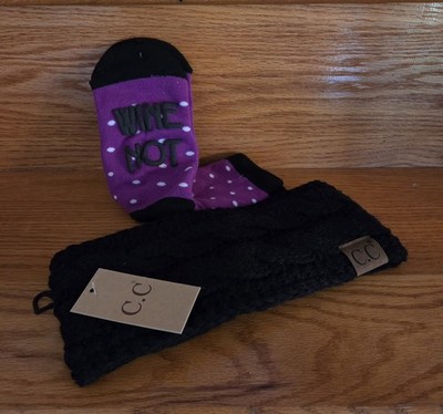 NEW C.C Knit Womens Headband Fleece Lined & 1pr WINE NOT Socks Purple