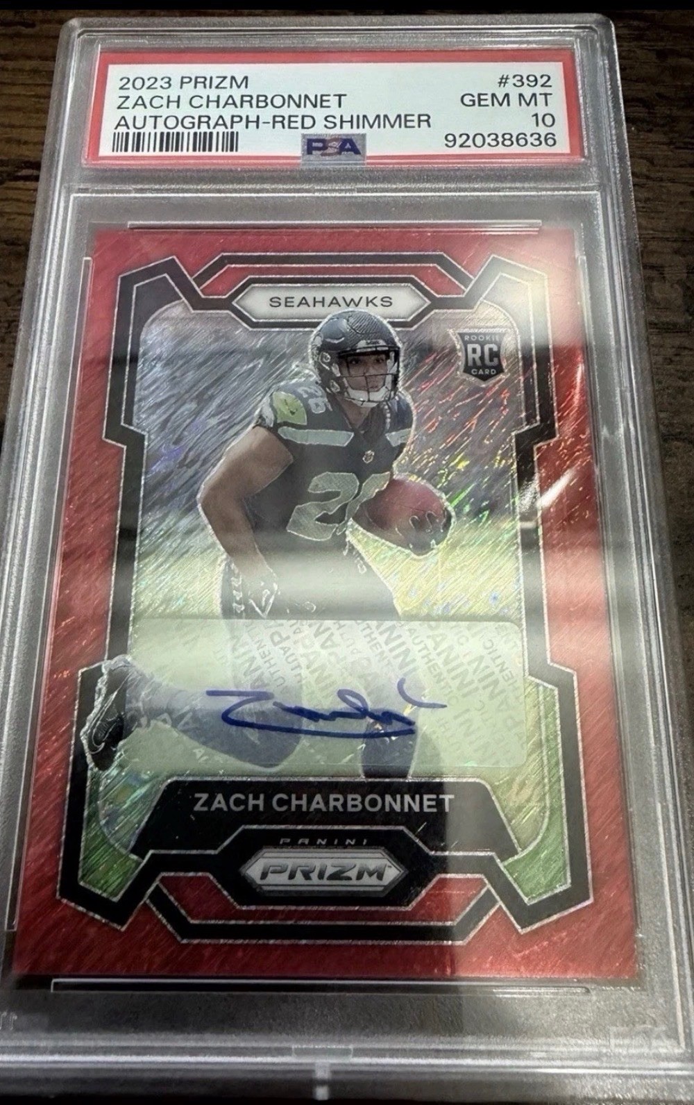 2023 Panini Prizm - PSA 10 Rookie Zach Charbonnet #392 Red Shimmer Auto /35 (RC)