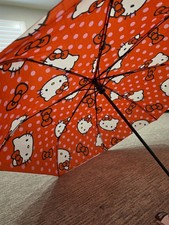 Sanrio Hello Kitty Umbrella Red White Pink Polka Dots Black Handle Strap 11.5"